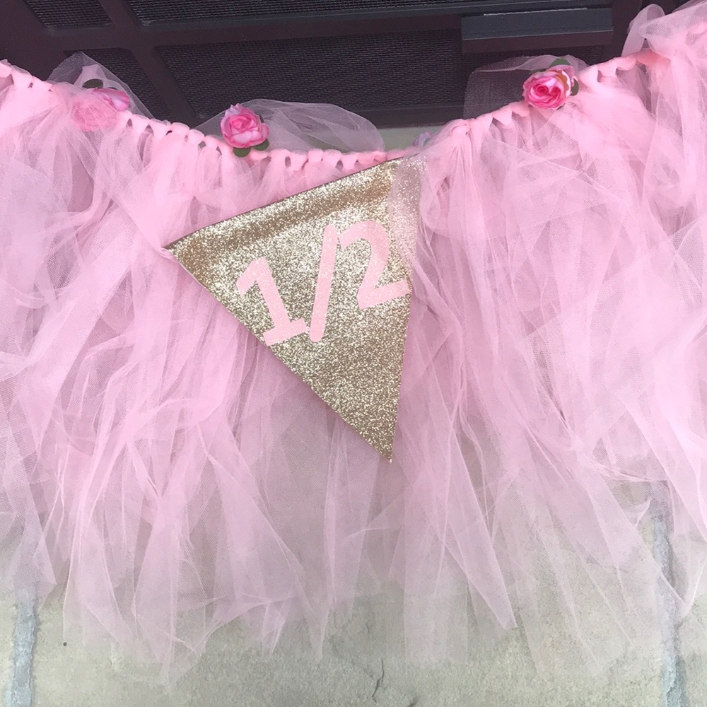 1/2 Year Birthday Girl Pink Floral Tulle High Chair Banner Decoration – Handmade